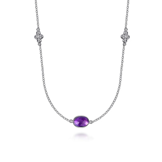 925 Sterling Silver 32 inch Bezel Oval Amethyst and Bujukan Beads Station Necklace