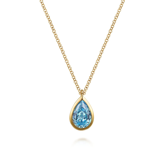 14K Yellow Gold Teardrop Blue Topaz Pendant Necklace