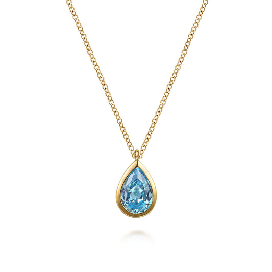 14K Yellow Gold Teardrop Blue Topaz Pendant Necklace