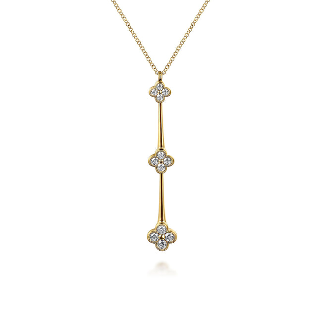 14K Yellow Gold Graduating Diamond Cluster Vertical Bar Necklace