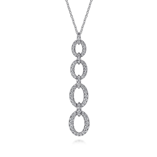 14K White Gold Graduating Diamond Oval Link Drop Pendant Necklace