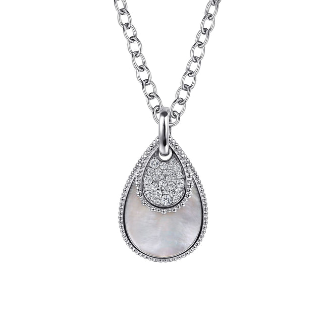 925 Sterling Silver Bujukan White Sapphire and White Mother of Pearl Teardrop Pendant Necklace