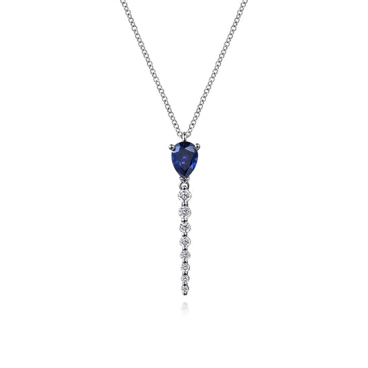 14K White Gold Graduating Diamonds and Blue Sapphire Pendant Drop Necklace