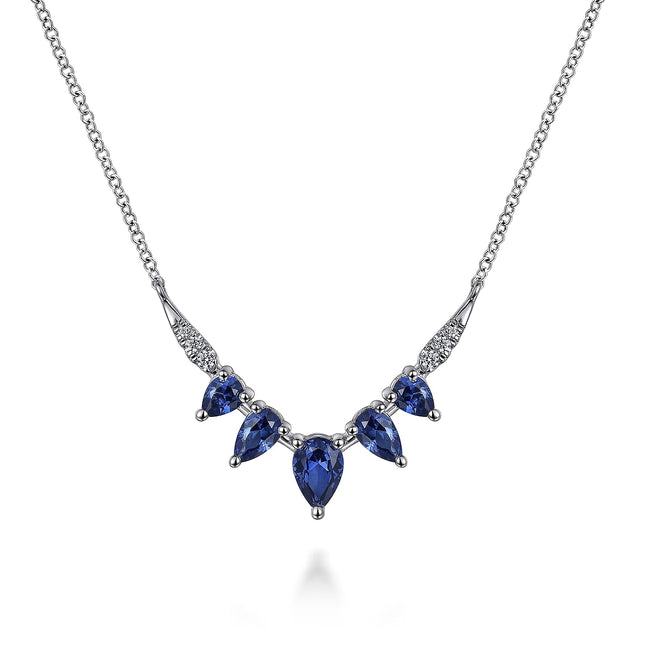14K White Gold Diamond and Blue Sapphire Chevron Bar Necklace