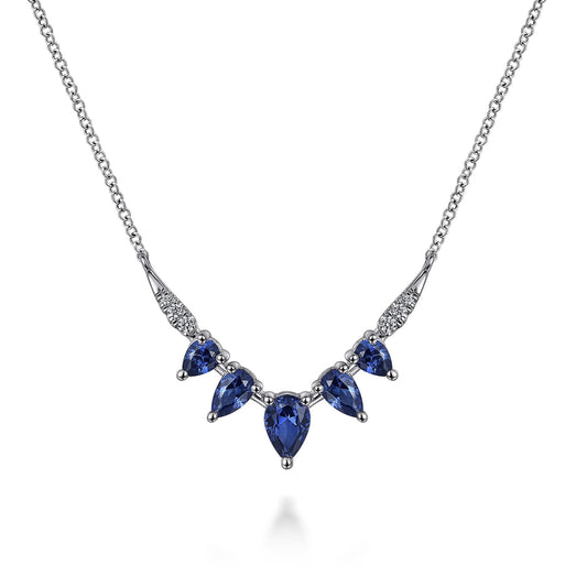 14K White Gold Diamond and Blue Sapphire Chevron Bar Necklace