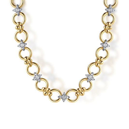 14K White & Yellow Gold Bujukan Diamond and Hollow Link Chain Necklace
