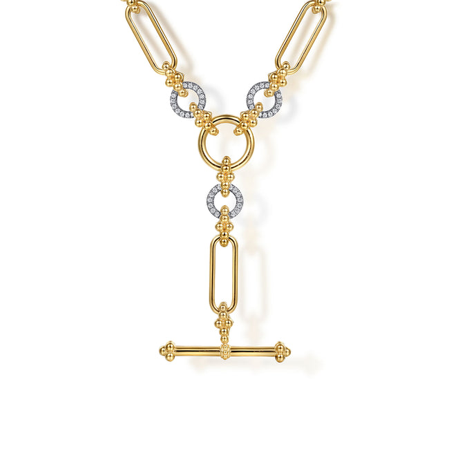 14K Yellow Gold Hollow Tube Link Bujukan and Diamond Y Necklace