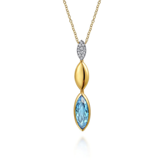 14K White and Yellow Gold Diamond and Marquise Blue Topaz Drop Necklace