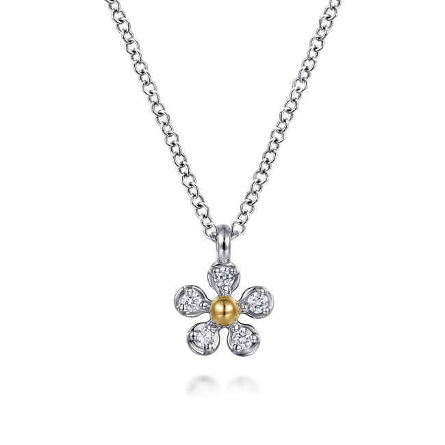 14K Yellow Gold & 925 Sterling Silver Diamond Flower Pendant Necklace
