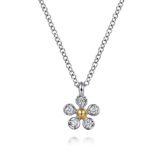 14K Yellow Gold & 925 Sterling Silver Diamond Flower Pendant Necklace