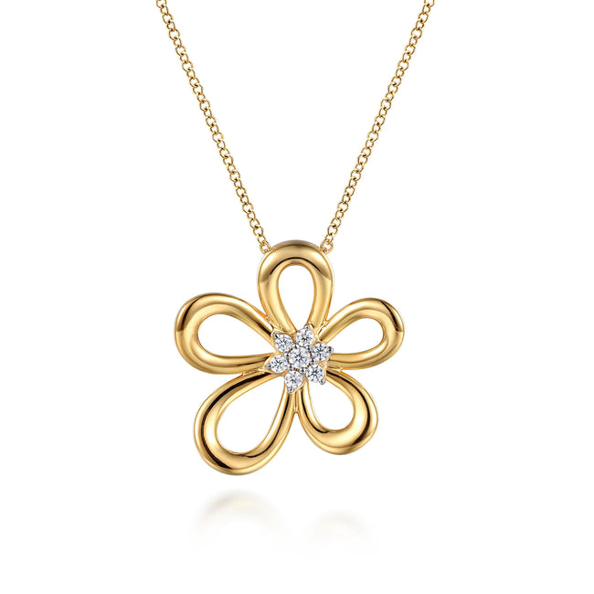 14K White & Yellow Gold Diamond Floral Pendant Necklace