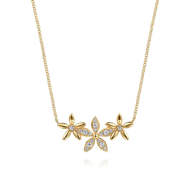14K Yellow Gold Diamond Floral Bar Necklace