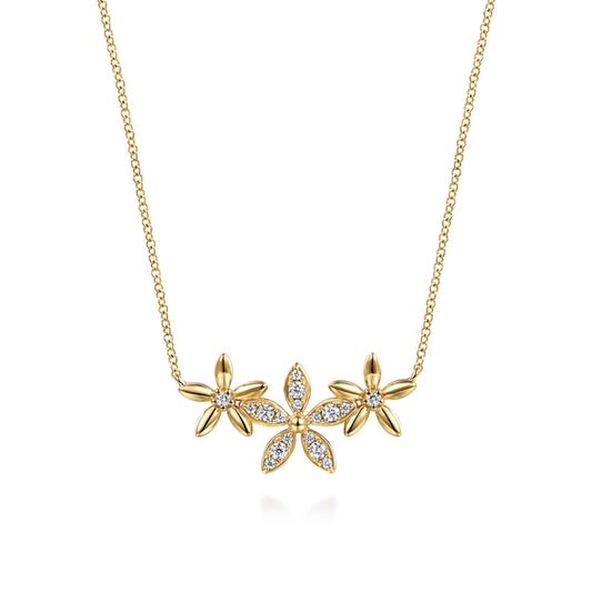 14K Yellow Gold Diamond Floral Bar Necklace
