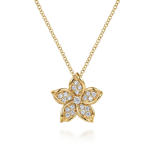 14K Yellow Gold Diamond Floral Pendant Necklace