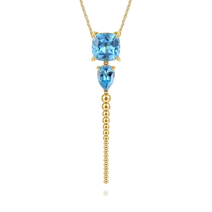 14K Yellow Gold Bujukan and Blue Topaz Pendant Drop Necklace