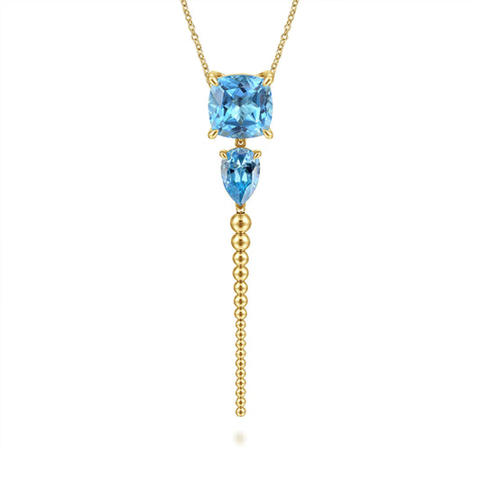 14K Yellow Gold Bujukan and Blue Topaz Pendant Drop Necklace