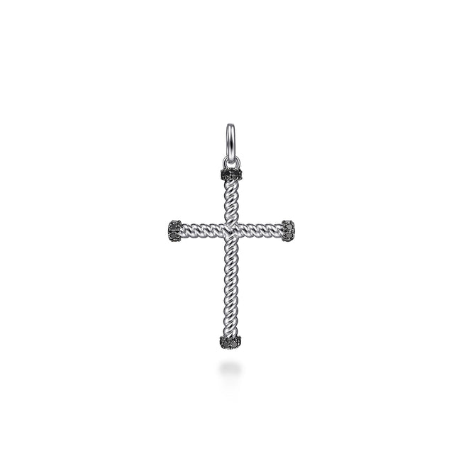 925 Sterling Silver Twisted Rope Cross Pendant with Black Spinel