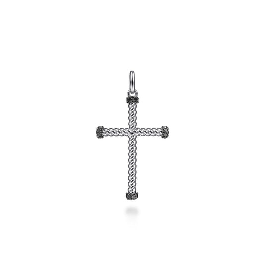 925 Sterling Silver Twisted Rope Cross Pendant with Black Spinel