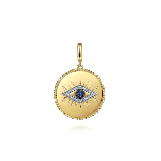 14K Yellow Gold Diamond & Sapphire Evil Eye Medallion Pendant