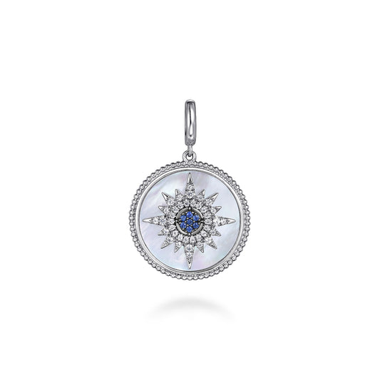 925 Sterling Silver Starburst Blue Sapphire and White Sapphire Bujukan Medallion Pendant in size 24mm
