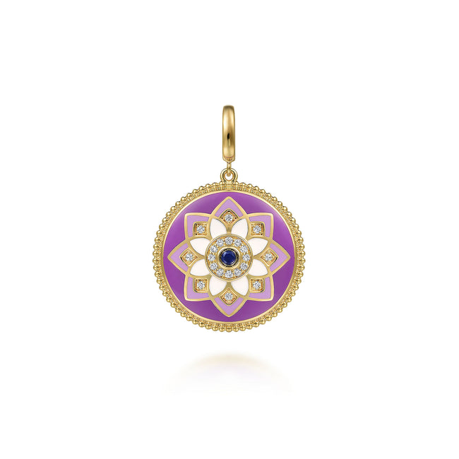 14K Yellow Gold Diamond and Blue Sapphire Bujukan Multicolor Enamel Medallion Pendant