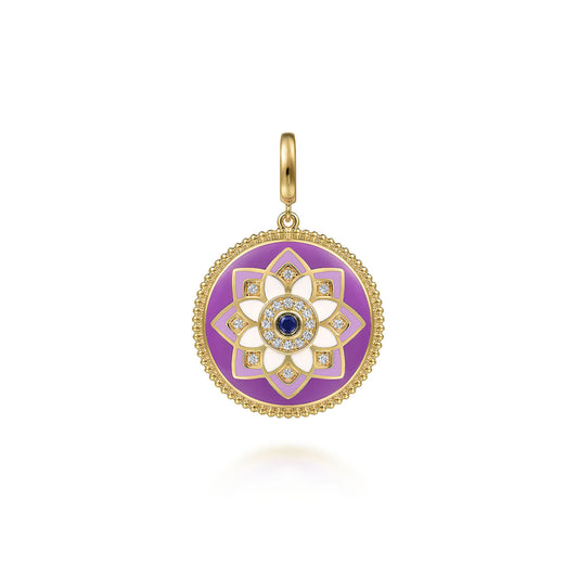 14K Yellow Gold Diamond and Blue Sapphire Bujukan Multicolor Enamel Medallion Pendant