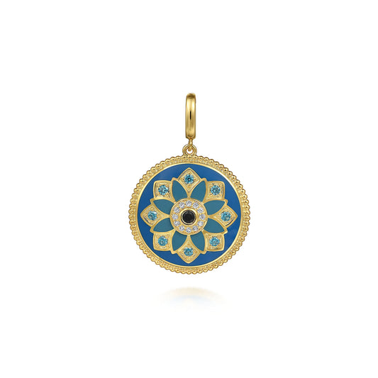 14K Yellow Gold 24mm Diamond, Blue Sapphire, and Blue Topaz Bujukan Multicolor Enamel Medallion Pendant