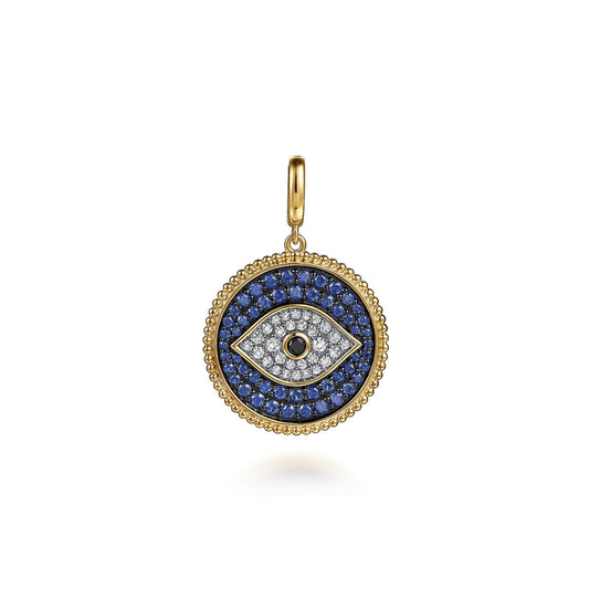 14K Yellow Gold Bujukan Diamond and Multi Stones Evil Eye Medallion Pendant