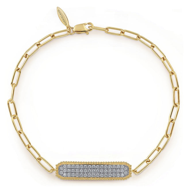 14K Yellow Gold Diamond Pavé Wide Bar Hollow Chain Bracelet