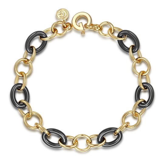 14K Yellow Gold Hollow Tube and Black Oval Ceramic Link Chain Tennis Bracelet