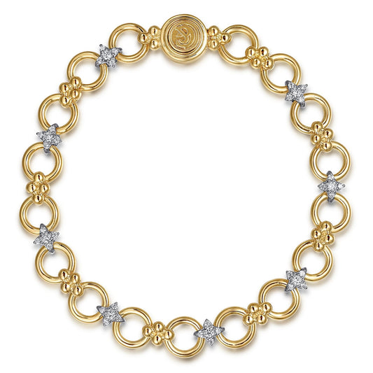 14K White & Yellow Gold Bujukan Diamond and Hollow Link Chain Bracelet