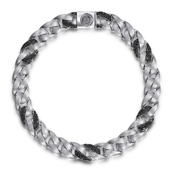 925 Sterling Silver Black Spinel Cuban Link Chain Mens Bracelet