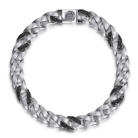 925 Sterling Silver Black Spinel Cuban Link Chain Mens Bracelet