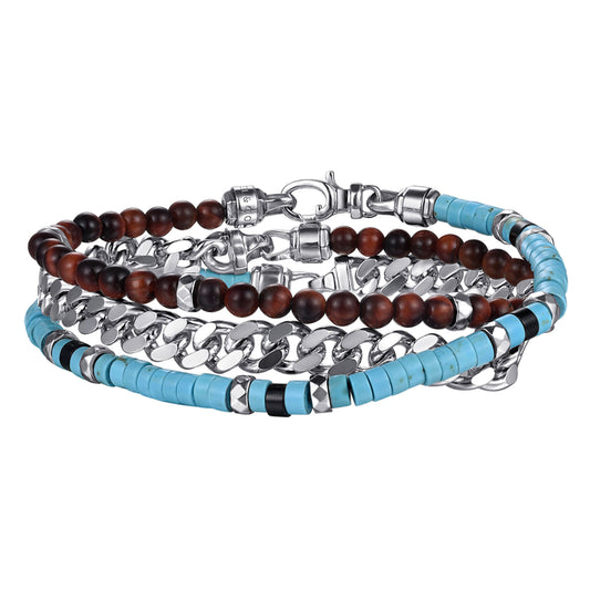 925 Sterling Silver Turquoise Cylinder Beads and Round Tiger eye and Onyx Cylinder bead with Diamond cut Link Chain Bracelet