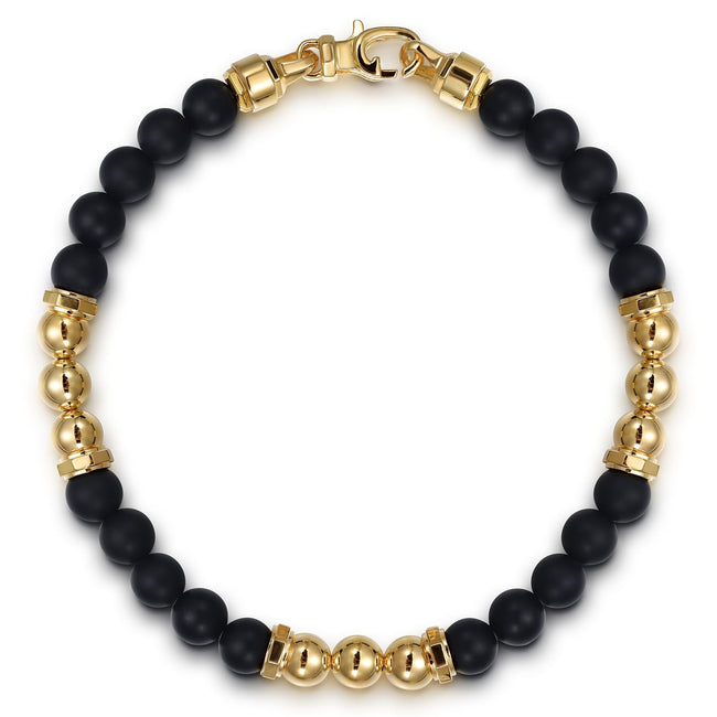 14K Yellow Gold 6mm Matte Onyx bead and 6mm Yellow Gold Beaded Mens Bracelet