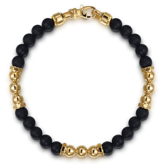 14K Yellow Gold 6mm Matte Onyx bead and 6mm Yellow Gold Beaded Mens Bracelet