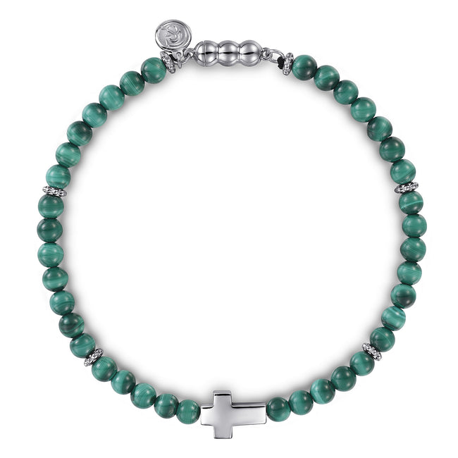 925 Sterling Silver Cross Bracelet with 4mm Malachite Beads
