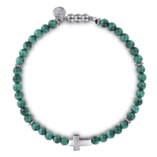 925 Sterling Silver Cross Bracelet with 4mm Malachite Beads