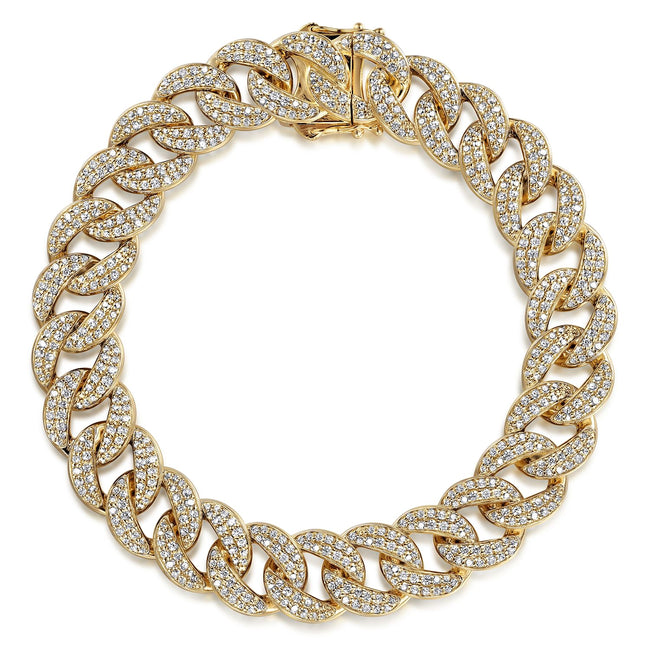 14K Yellow Gold 12mm Width Classic Diamond Men's Cuban Bracelet