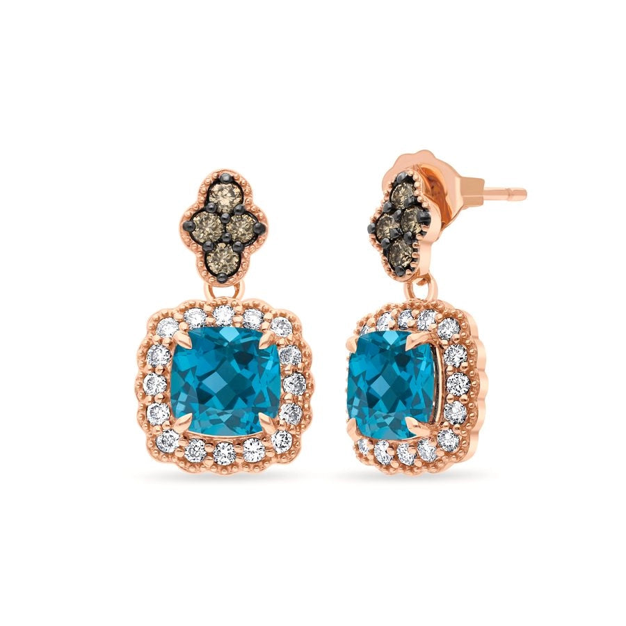 Le Vian Chocolatier® Earrings featuring 2 cts. Deep Sea Blue Topaz™, 1/5 cts. Chocolate Diamonds®, 1/3 cts. Nude Diamonds™ set in 14K Strawberry Gold®