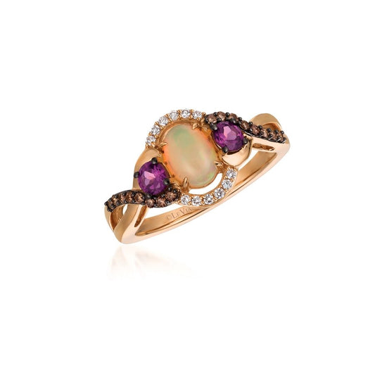 Le Vian Chocolatier® Ring featuring 3/8 cts. Neopolitan Opal™, 1/2 cts. Raspberry Rhodolite®, 1/8 cts. Chocolate Diamonds®, 1/20 cts. Vanilla Diamonds® set in 14K Strawberry Gold®