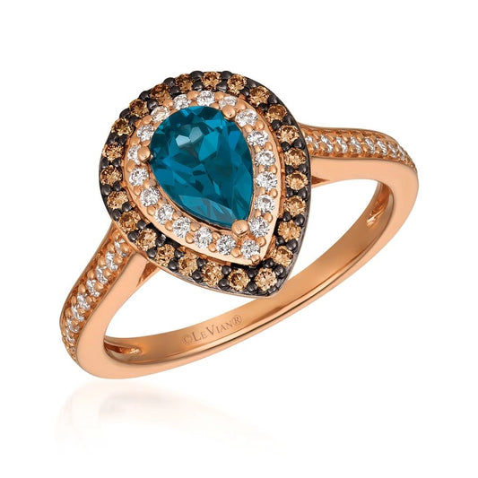Le Vian Chocolatier® Ring featuring 3/4 cts. Deep Sea Blue Topaz™, 1/5 cts. Chocolate Diamonds®, 1/5 cts. Vanilla Diamonds® set in 14K Strawberry Gold®