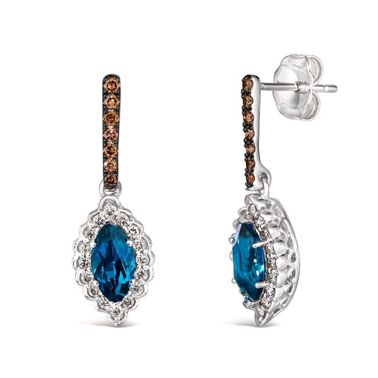 Le Vian® Earrings featuring 1 cts. Deep Sea Blue Topaz™, 1/8 cts. Chocolate Diamonds®, 1/4 cts. Nude Diamonds™ set in 14K Vanilla Gold®